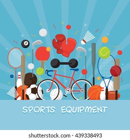 Sports Equipment, Flat Icons Display Label , Objects, Recreation and Leisure, Blue Background