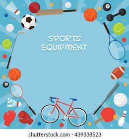 Sports Equipment, Flat Icons Frame, Objects, Recreation and Leisure, Blue Background