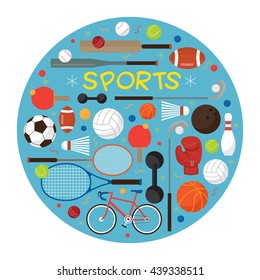 Sports Equipment, Flat Icons Label, Objects, Recreation and Leisure, Blue Background