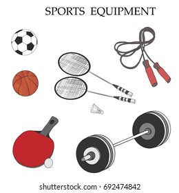 Sports Equipment. Football, Basketball, Badminton, Barbell and Ping Pong.