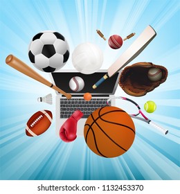 Sports equipment with a football basketball baseball soccer tennis ball volleyball boxing gloves and badminton as a symbol of sports online on blue background. vector and illustration.
