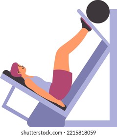 Sports equipment for growing muscles and strengthening body. Isolated female character laying on machine pushing weight with legs. Working out and training, fitness for ladies. Vector in flat style