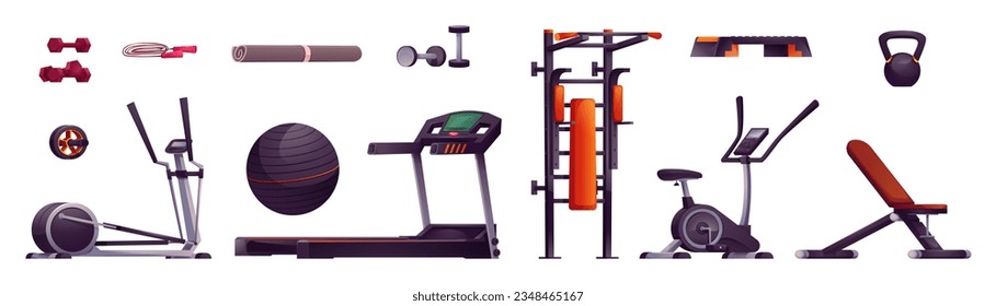 Sports equipment for gym - cartoon vector set of treadmill, exercise bike and elliptical machine for cardio workout, and multifunctional pull up power tower, bench and dumbbells for strength training.