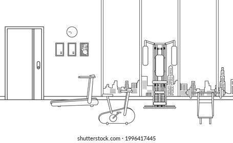 Sports Equipment In Gym Room Or Fitness Center With Cityscape Background. Vector Illustration Of Room Interior Concept.