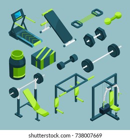 Sports equipment for gym. Vector isometric illustrations. Fitness sport gym equipment