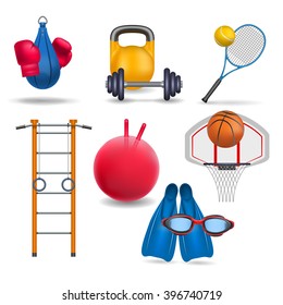 Sports equipment. Gym wall bars, sports rings,  gym ball, dumbbell and barbell, tennis racket and ball, punching bag and boxing gloves, basketball and basketball hoop, flippers and swimming goggles. 
