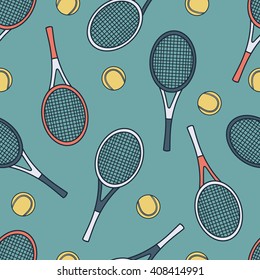 Sports equipment hand drawn seamless pattern vector. Doodle blue background. Cartoon illustration with sport objects: tennis ball and tennis racket