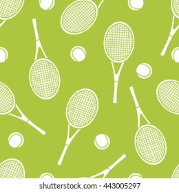 Sports equipment hand drawn seamless pattern vector. Doodle green background. Cartoon illustration with sport objects: tennis ball and tennis racket