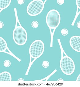 Sports equipment hand drawn seamless pattern vector. Doodle blue background. Cartoon illustration with sport objects: tennis ball and tennis racket
