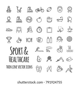 Sports, sports equipment, healthy lifestyle icons set for your design