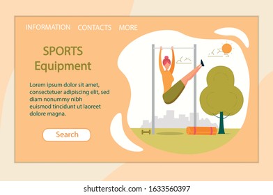 Sports Equipment Horizontal Banner. Young Sportive Woman Exercising on Horizontal Bar Lifting Legs Up. Sportswoman Engage Cardio Exercising, Fitness Outdoor Activity. Cartoon Flat Vector Illustration.
