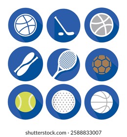 Sports Equipment Icon Set with Balls, Hockey Stick, Tennis Racket, and Baseball Bats on Blue Background