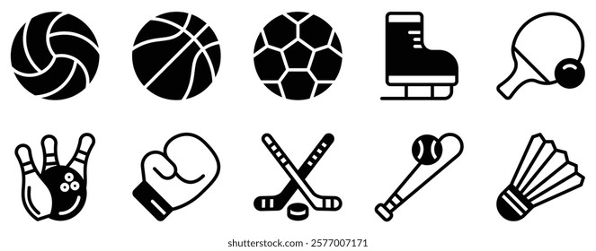 Sports Equipment Icon Set Dynamic Solid Style Collection for Athletic Gear