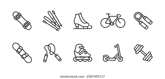 Sports equipment icon set. Fitness and workout symbol collection. Bicycle, skateboard and rollerblades vector illustration. Dumbbells and jump rope sign. Ski and scooter pictogram. Recreation concept.