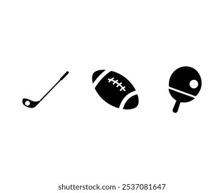 sports equipment icon set. golf clubs, table tennis, rugby balls