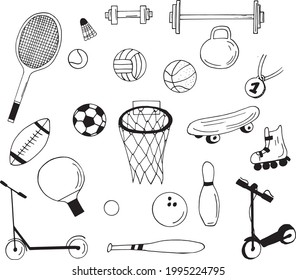 sports equipment icon set. hand drawn doodle. vector, scandinavian, nordic, minimalism, monochrome. rackets, balls, scooter barbell dumbbells rollers basket medal skateboard