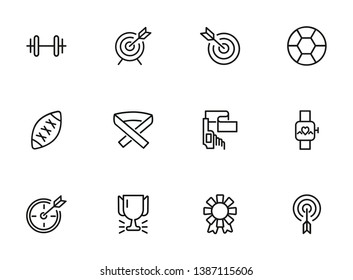 Sports equipment icon set. Line icons collection on white background. Dart, football, attribute. Training concept. Can be used for topics like activity, championship, game