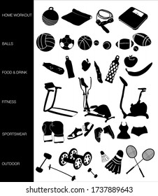 Sports equipment icon set. Related vector black and white signs.Training apparatus,gym,healthy style. Rackets,balls,dumbbells,sneakers,mat for yoga,boxing glove, category for training and sportswear