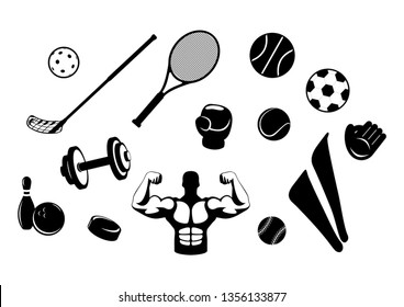 Sports equipment icon set vector. Black silhouette of sports tools. Sports gear icon set vector. Various types of sports