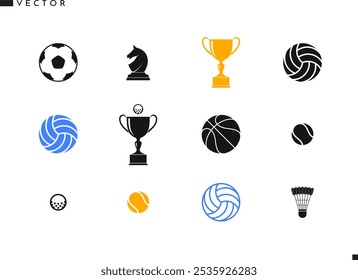 Conjunto de ícones de equipamento esportivo.  Voleibol basquetebol golfe e tênis bola com troféu e vetor shuttlecock. Símbolo de esporte em equipe