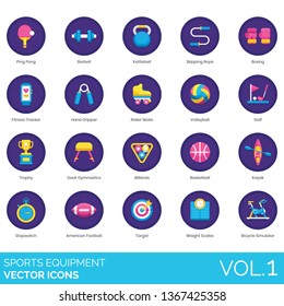 Sports equipment icons including ping pong, barbell, kettlebell, skipping rope, boxing, fitness tracker, hand gripper, roller skate, volleyball, golf, trophy, goat gymnastics, billiards, basketball.