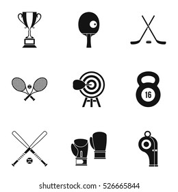 Sports equipment icons set. Simple illustration of 9 sports equipment vector icons for web