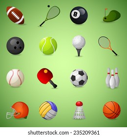 Sports equipment icons set with team games balls and rackets isolated vector illustration