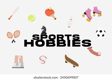 Sports equipment icons. Sport concept with balls and gaming items. Football, rollers, baseball, chess, badminton, tennis, bowling, table tennis, skateboard flat icons