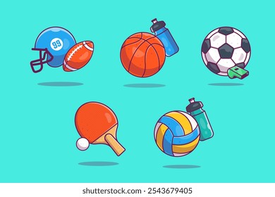 Sports Equipment Illustrations Pack with Basketball, Soccer Ball, Helmet, and Water Bottle Vector Design