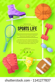 sports equipment information cards set. Fitness template of flyer, magazines, posters, book cover, banners. gym tools infographic concept background. Layout life style illustrations modern