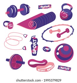 Sports equipment. Isolated elements on white background. Vector illustration. Flat style. Gym, training, activities, lifestyle. Stickers, clip art. Jump rope, weights, kettlebell, dumbbell, tracker.