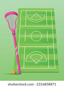 Sports equipment. Lacrosse field and stick with ball. Vector illustration