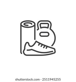 Icono de la línea del equipo deportivo. signo de estilo lineal para el concepto móvil y el Diseño web. La mancuerna, la estera de yoga y las zapatillas de correr delinean el ícono del Vector. Símbolo, ilustración del logotipo. Gráficos de Vector