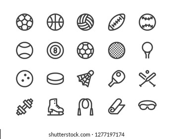 Sports Equipment Line Icon. Vector Illustration Flat style. Included Icons as Sport Balls, Basketball, Handball, Football, Badminton, Dumbbell and more. Editable Stroke. 30x30 Pixel Perfect