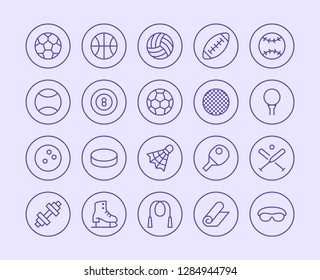 Sports Equipment Line Icon. Vector Illustration Flat style. Included Icons as Sport Balls, Basketball, Handball, Football, Badminton, Dumbbell and more. Editable Stroke