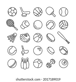 Sports equipment line icon vector, Badminton Balls Golf Football Basketball Tennis Soccer Billiard Volley Bowling Rugby Hockey Dumbbell Baseball