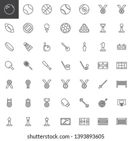 Sports equipment line icons set. linear style symbols collection, outline signs pack. vector graphics. Set includes icons as tennis ball, basketball, american football field , ice hockey, award medal