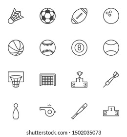 Sports Equipment line icons set. linear style symbols collection outline signs pack. vector graphics. Set includes icons as soccer, american football, tennis volleyball ball, basketball hoop, baseball