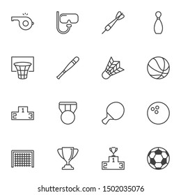 Zeilensymbole für Sportgeräte. Sammlung von linearen Stilsymbolen, Umrissbeschriftung. Vektorgrafiken. Set beinhaltet Symbole wie Basketball, Medaillen, Siegerpodium, Preisverleihung, Schiedsrichter-Pfeifen, Fußball