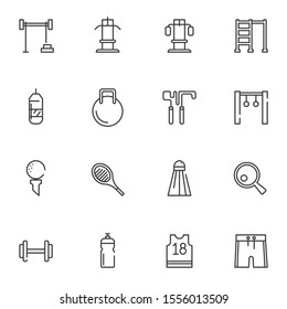 Sports equipment line icons set. linear style symbols collection outline signs pack. vector graphics. Set includes icons as fitness dumbbells, kettlebell, exercise machine, skipping rope, water bottle