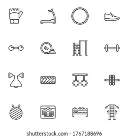 Sports equipment line icons set, outline vector symbol collection, linear style pictogram pack. Signs, logo illustration. Set includes icons as fitness treadmill, gym training apparatus, gymnastics 