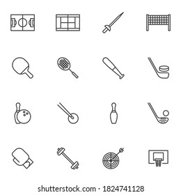 Sports equipment line icons set, outline vector symbol collection, linear style pictogram pack. Signs, logo illustration. Set includes icons as tennis racquet, baseball bat, hockey stick, boxing glove