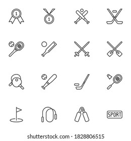 Sports equipment line icons set, outline vector symbol collection, linear style pictogram pack. Signs, logo illustration. Set includes icons as champion medal, baseball, hockey, tennis, skipping rope