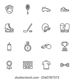 Sports equipment line icons set, outline vector symbol collection, linear style pictogram pack. Signs, logo illustration. Set includes icons as sports shoes, boxing gloves, ice skating, award cup