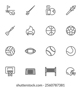 Sports equipment line icons set, outline vector symbol collection, linear style pictogram pack. Signs, logo illustration. Set includes icons as basketball, soccer, football, baseball, volleyball