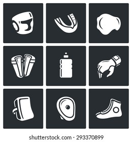 Sports Equipment for martial arts icons set. Vector Illustration.
Isolated Flat Icons collection on a black background for design