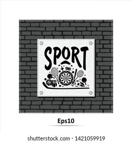 Sports Equipment on Brick wall, Flat Objects Set, Icons