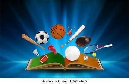 Sports Equipment Out Of Book On Abstract Smooth Light Blue Perspective Background. Vector Illustration.