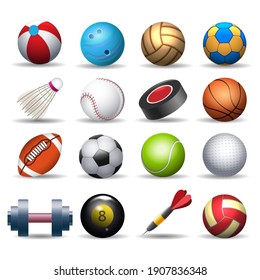 Sports equipment pack. Balling and baseball balls, badminton and golf inventory, rugby and darts isolated equipements, cartoon sport pack vector illustration