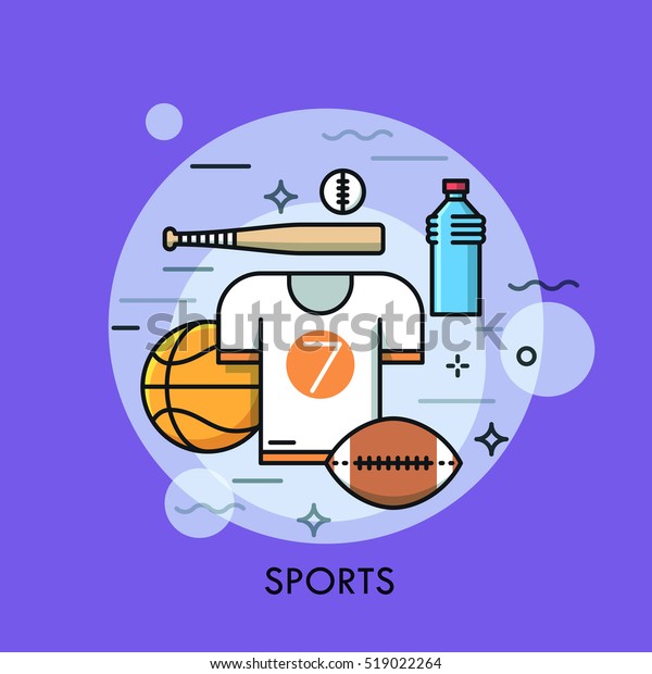 Sports equipment for player, sporting goods\
and sportswear shop logo. Championship, tournament, competition\
concept. Vector illustration in thin line style for website,\
banner, poster,\
presentation.